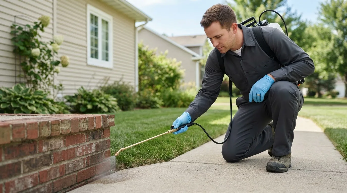 Pest control technician treating a home near Quechee, VT