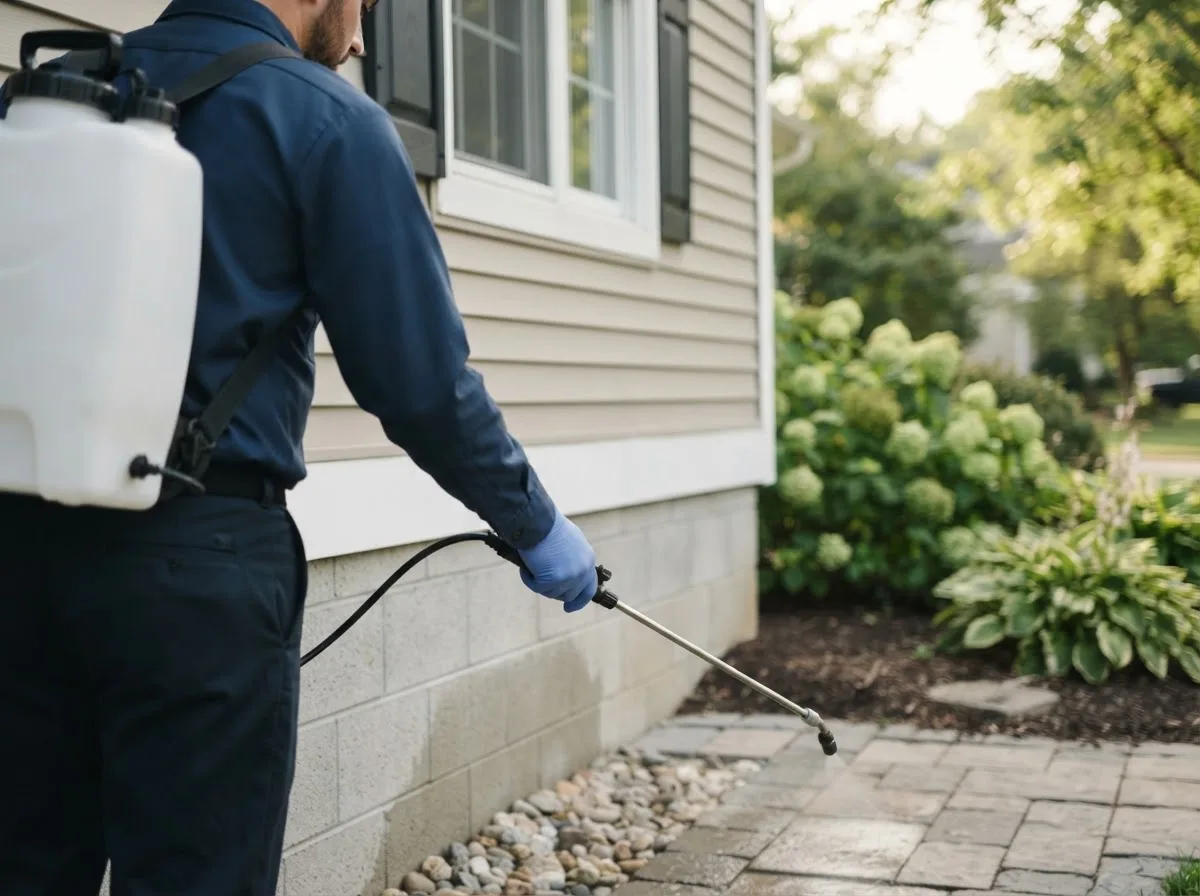 Pest control technician inspecting a home in Quechee, VT